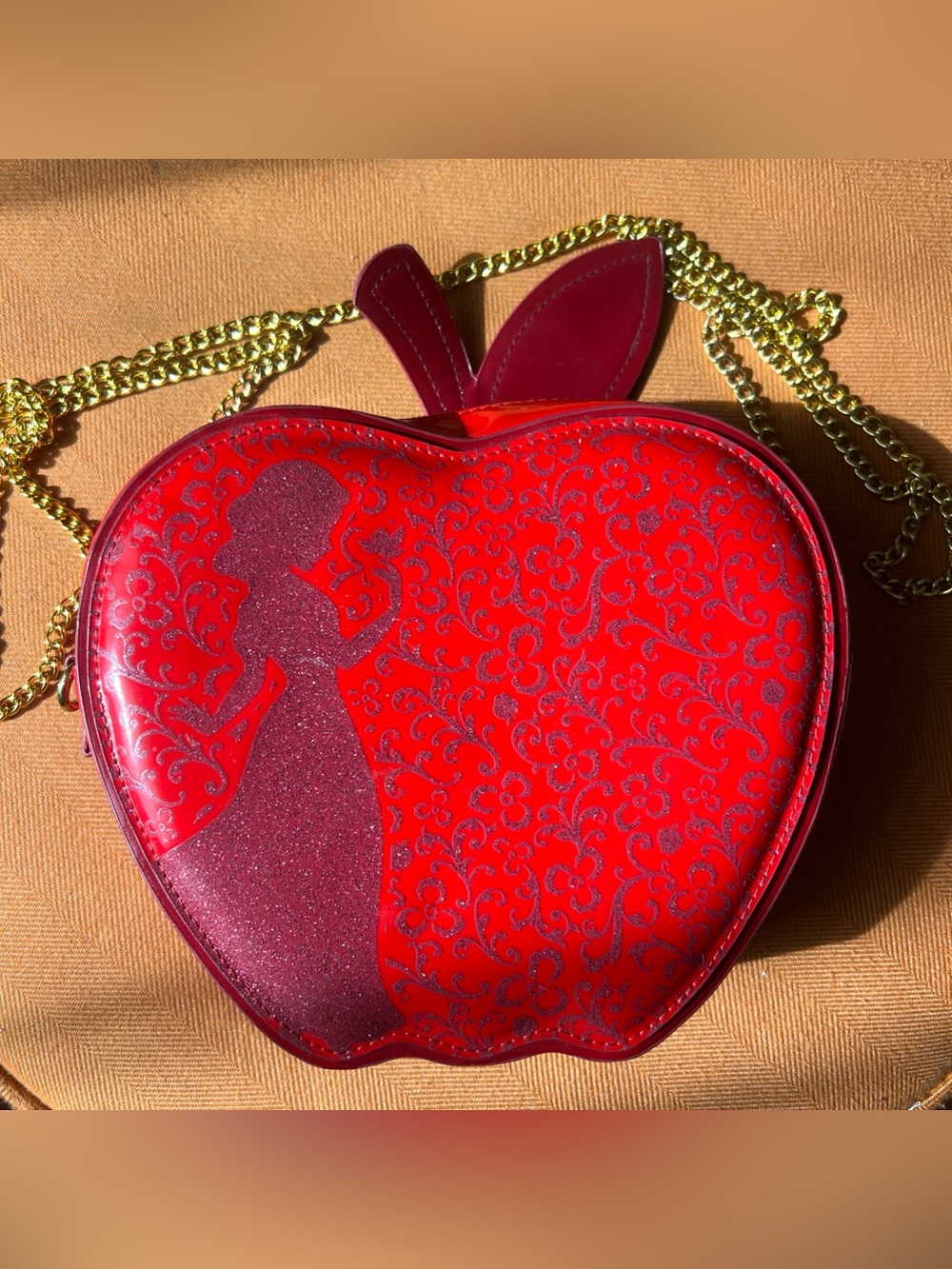 Red Apple-Shaped Snow White Disney Crossbody Bag Purse with Glitter Silhouette